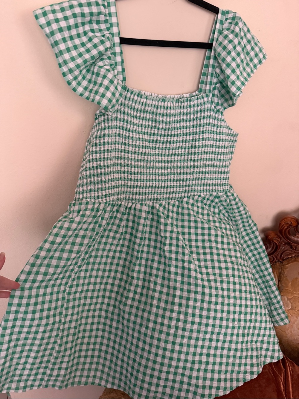 Cute Green Gingham Smocked Dress Flutter Sleeves 2XL